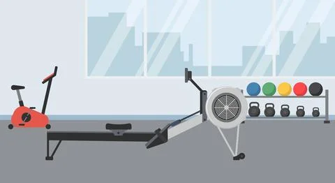Gym interior with rowing machine and exercise bike, rack filled with colorf.. Illustrazione stock