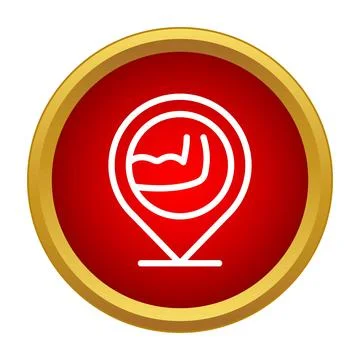 Gym location map pointer showing bicep muscle icon Stock Illustration