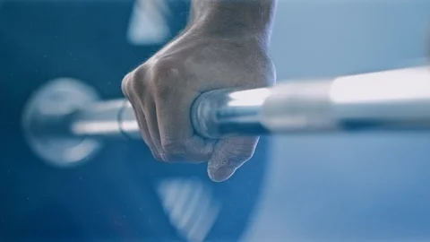 GYM. Male Hand Grabs The Barbell. Powder Magnesia. Slow-Mo Stock Footage