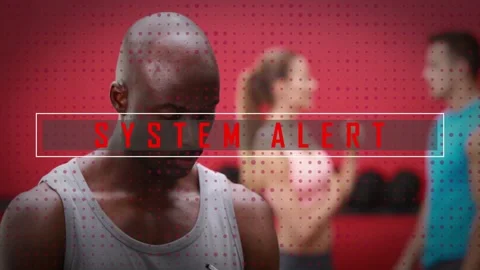 Gym man checking notepad reacting as SYSTEM ALERT overlay animating, refocusing, Stock Footage 328346068
