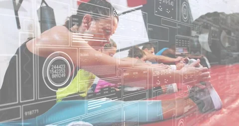 Gym participants starting hamstring stretch on overlay start deepening with Stock Footage 318094892