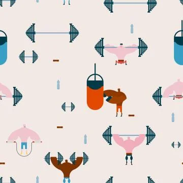 Gym seamless pattern. athletic hall ornament. Fitness background. Athlete a.. Stock Illustration