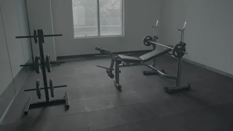 Gym Setup with weight stand and adjustable bench Stock Footage 262140971