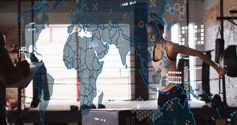 Gym trainee wrapping, stepping on box, squatting, leaping, returning, HUD Stock-Footage 323408340