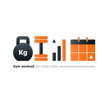 Gym training course concept, kettlebell and dumbbell icons, workout calendar 스톡 일러스트