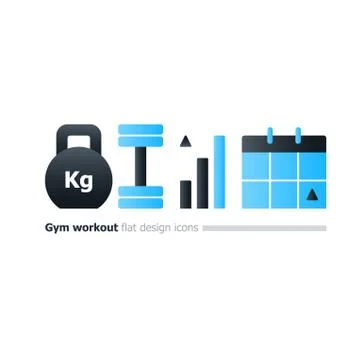 Gym training course concept, kettlebell and dumbbell icons, workout calendar 스톡 일러스트