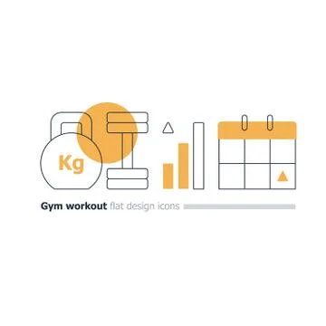 Gym training course concept, kettlebell and dumbbell icons, workout calendar Illustrazione stock