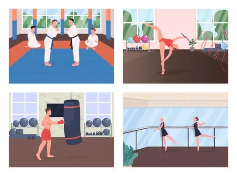 Gym training flat color vector illustration set Stock-Illustration