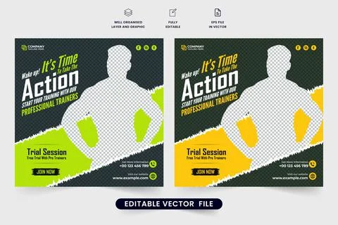 Gym training promotional template vector with green and yellow colors. Profes Stock Illustration