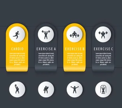Gym training, workout, 4 steps, infographics elements, with fitness icons, da Stock Illustration