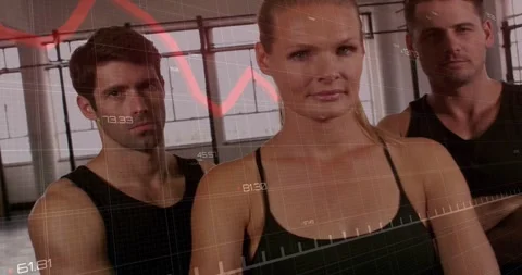 Gym trio posing overlay starting and tracing red waveform across faces camera Stock Footage 328485531