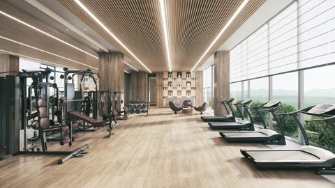 Gym with various exercise machines. 3d visualization Stock Footage 204873979