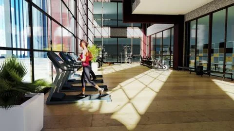 Gym with various exercise machines in it and people walking on treadmill. 3D Stock Illustration