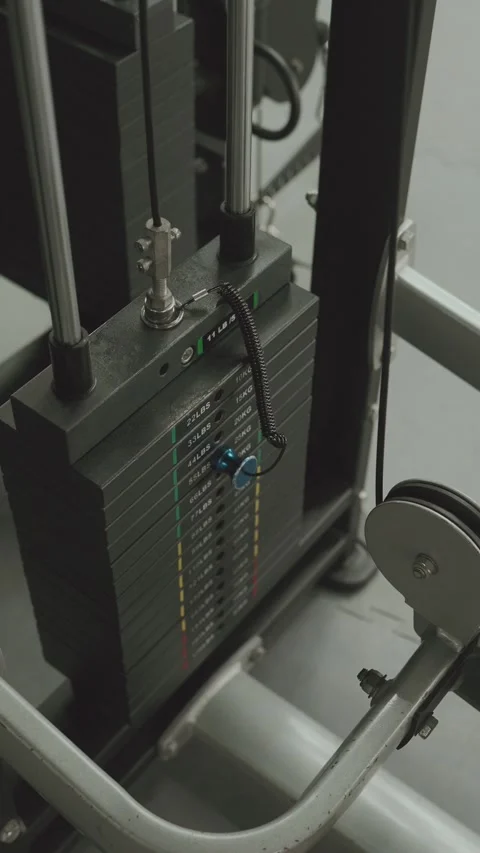 Gym weight stack machine close up with cable system vertical Stock Footage 332819724