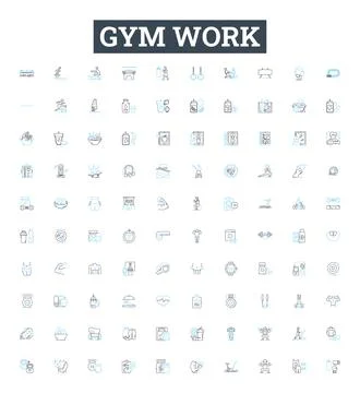 Gym work vector line icons set. Exercise, Fitness, Aerobics, Benchpress, Cardio Stock Illustration
