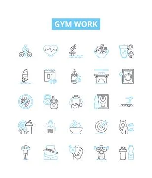Gym work vector line icons set. Exercise, Fitness, Aerobics, Benchpress, Cardio Stock Illustration