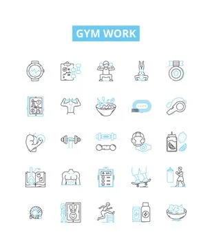 Gym work vector line icons set. Exercise, Fitness, Aerobics, Benchpress, Cardio Stock Illustration