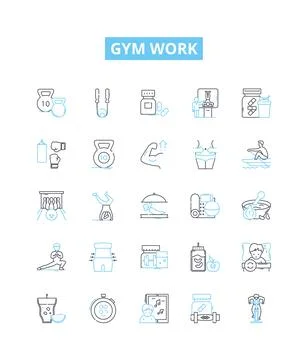Gym work vector line icons set. Exercise, Fitness, Aerobics, Benchpress, Cardio Illustrazione stock