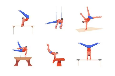 A gymnast with an athletic physique performs an artistic gymnastic programme  Illustrazione stock