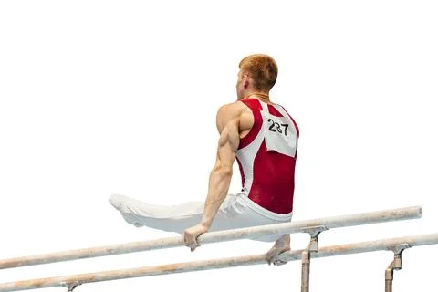 Gymnast exercise parallel bars in gymnastics isolated on white background Stock Photos