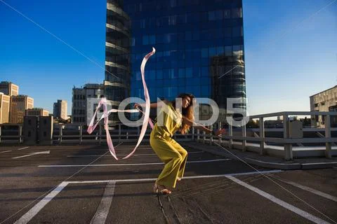 Gymnast girl with ribbon Stock Photos