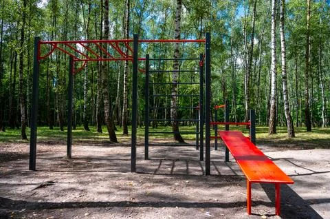 Gymnastic horizontal bars and parallel bars outside without people. Stock Photos