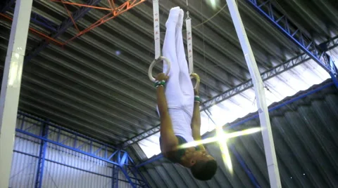 Gymnastic Rings. Exercise Training Equipment. Gym. Games. Stock Footage 53816381
