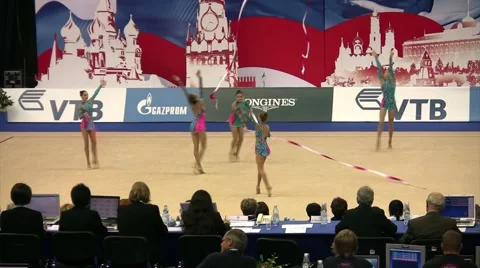 Gymnasts with ribbons on XXX World Rhythmic Gymnastics Championship Stock Footage