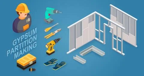 Gypsum partition making. Drywall work. Building services. Isometric icons. Ve Ilustración de archivo
