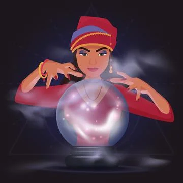 Gypsy fortune teller with magic crystal ball, girl oracle telling of destiny and Stock Illustration