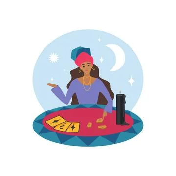 Gypsy fortune teller at round table laying out runes for predicting destiny Stock Illustration