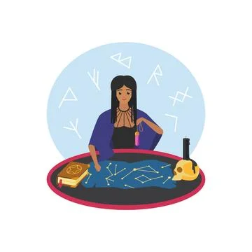 Gypsy fortune telling at table using gemstone pendulum on chain Stock Illustration