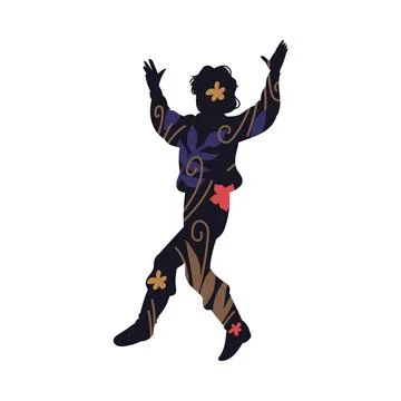 Gypsy man dancing and singing black silhouette with floral pattern, vector Stockillustratie