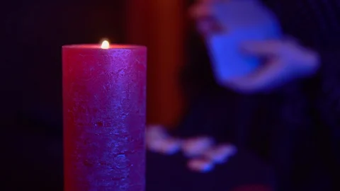 Gypsy mixed tarot card, witch woman, mystic candle, occult magic concept Stock Footage 128781645