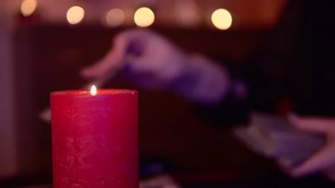 Gypsy mixed tarot card, witch woman, mystic ritual candle, occult magic concept Stock Footage 133722139