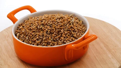 Gyration Not cracked wheat in an orange cup close-up. Stock Footage 128319121