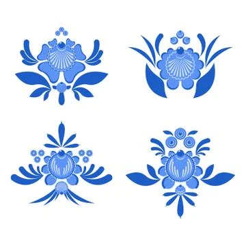 Gzhel painted set of elements Flowers and leaves. Russian national folk craft 스톡 일러스트