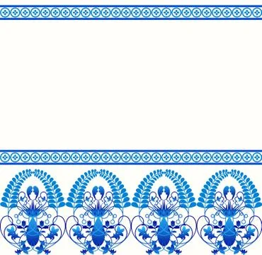 Gzhel style border pattern. Blue porcelain russian or chinese swirl design Ilustración de archivo