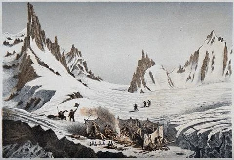 H.-B. de Saussure and his party halting on the Col du Gant on their ascent .. Stock Illustration
