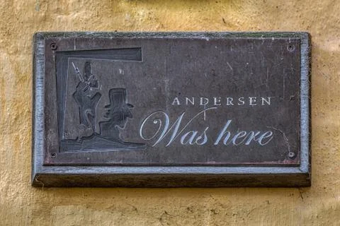 H C Andersen was here, a signpost in the Den Voigtske Gaard, a place of his f Stock Photos