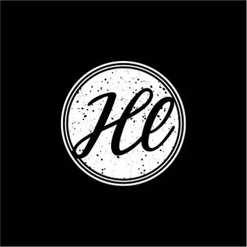 H L Initial Handwriting In Black and White Circle Frame Design Stock Illustration