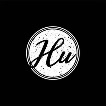 H U Initial Handwriting In Black and White Circle Frame Design Stock Illustration