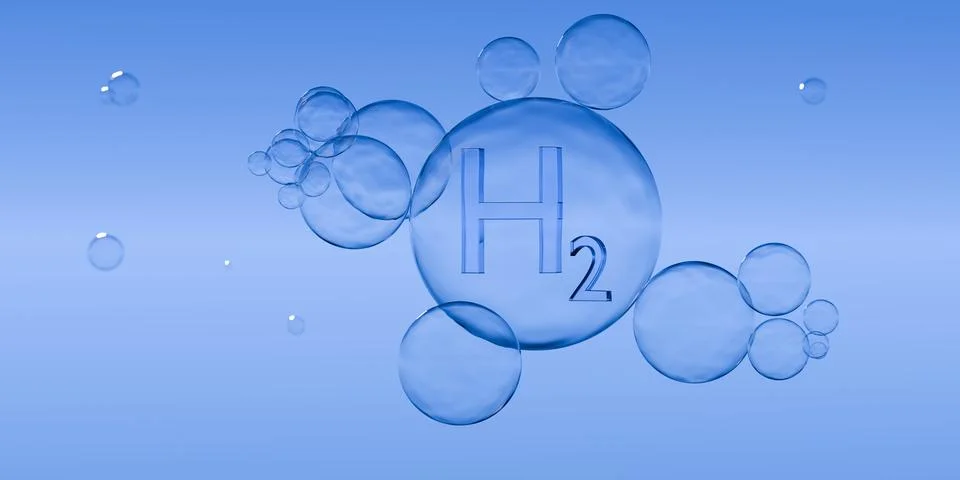H2 hydrogen symbol in bubble floating on blue background, clean energy, liq.. Stock Illustration
