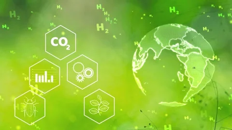 H2 particle with bug graph plant gear co2 and global rotating blur green na.. Stock Footage 273429070