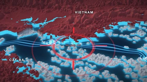 Ha Long Bay 3D terrain relief map on a near-black sea Stock Footage 344269854