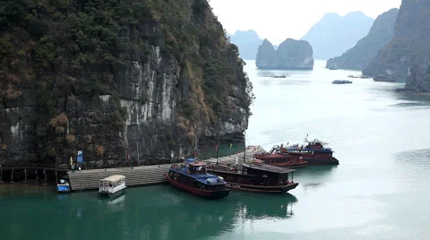 Ha Long Bay (Descending Dragon Bay), Vietnam, UNESCO World Heritage Site, Boats Stock Footage