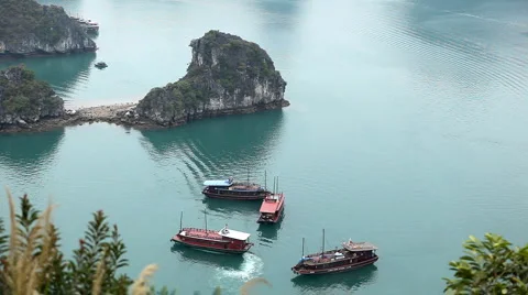Ha Long Bay (Descending Dragon Bay), Vietnam, UNESCO World Heritage Site, Boats Stock Footage