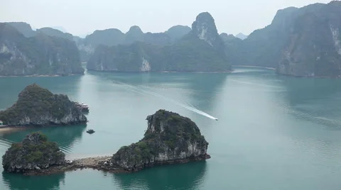 Ha Long Bay (Descending Dragon Bay), Vietnam, UNESCO World Heritage Site, Boats Stock Footage