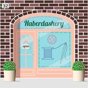 	Haberdashery shop facade. Spool with threads,  Stock Illustration