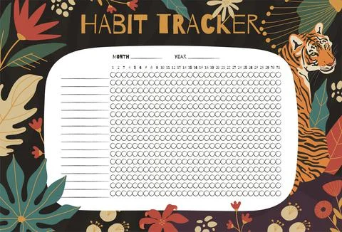 Habit tracker printable page concept templane, with hand drawn floral foliage Stock Illustration